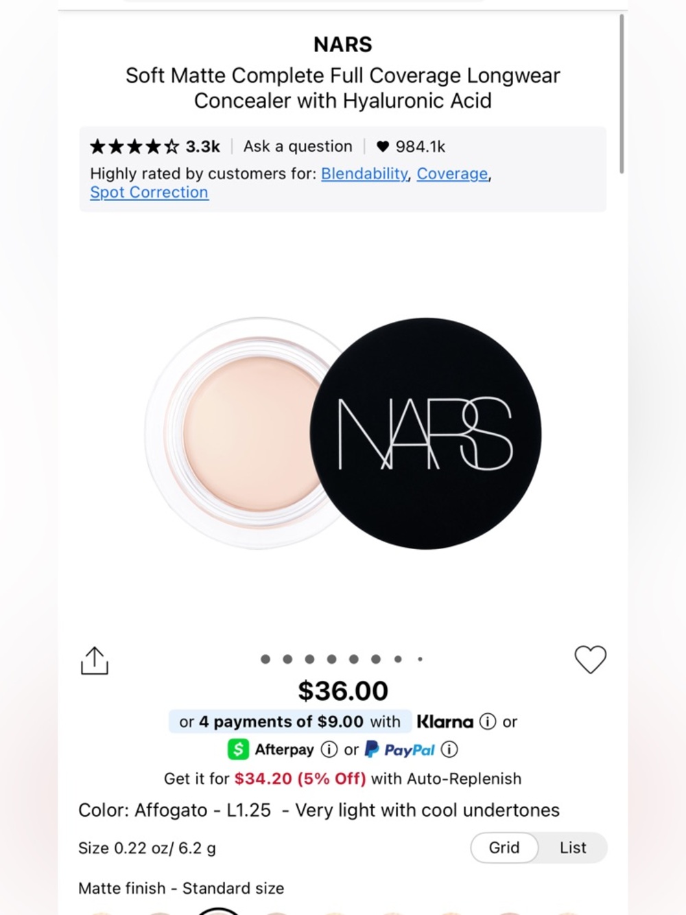 🌺NARS Soft Matte Complete Full Coverage Concealer – Affogato (Very Light)